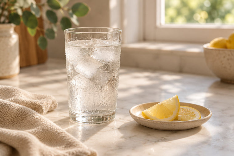 A glass of ice water with condensation on a kitchen counter in soft morning light