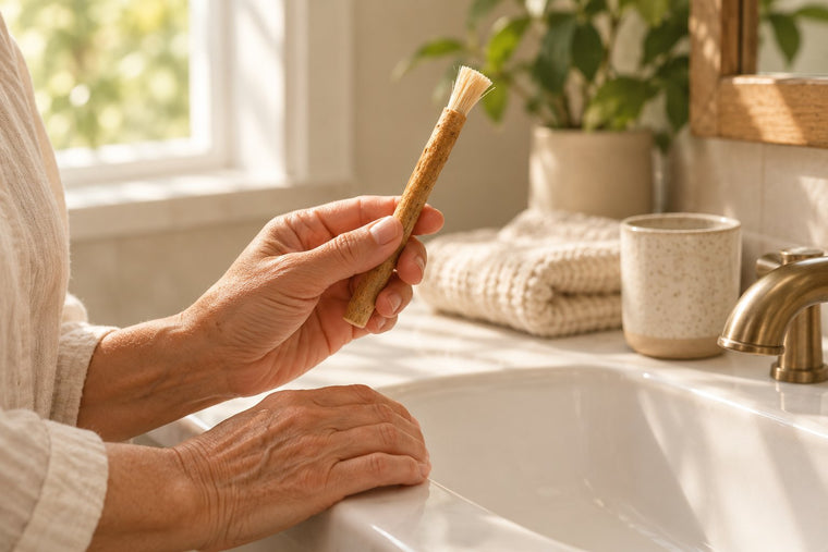 An older woman's hand holding a miswak stick with its fibrous tip up, over a white bathroom sink in morning light
