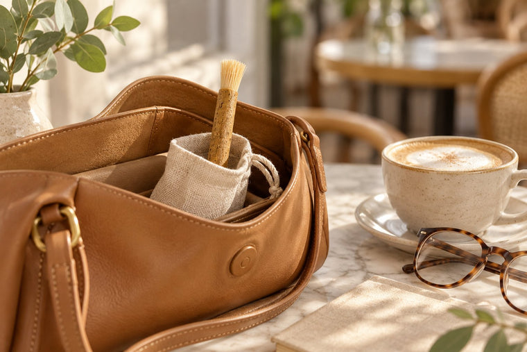 An open leather handbag on a cafe table with a miswak stick in a small linen pouch, next to a cappuccino and reading glasses