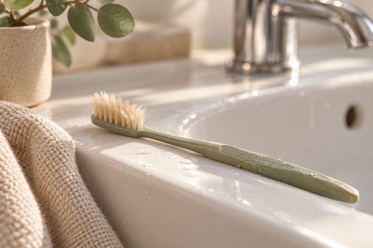 A worn plastic toothbrush with splayed bristles resting on the edge of a white sink