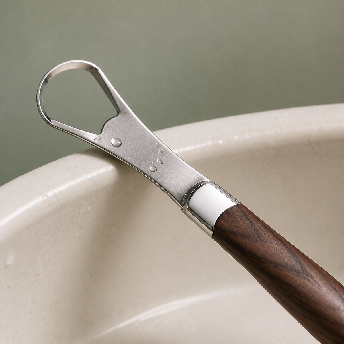 Close-up of the stainless-steel loop and wood handle
