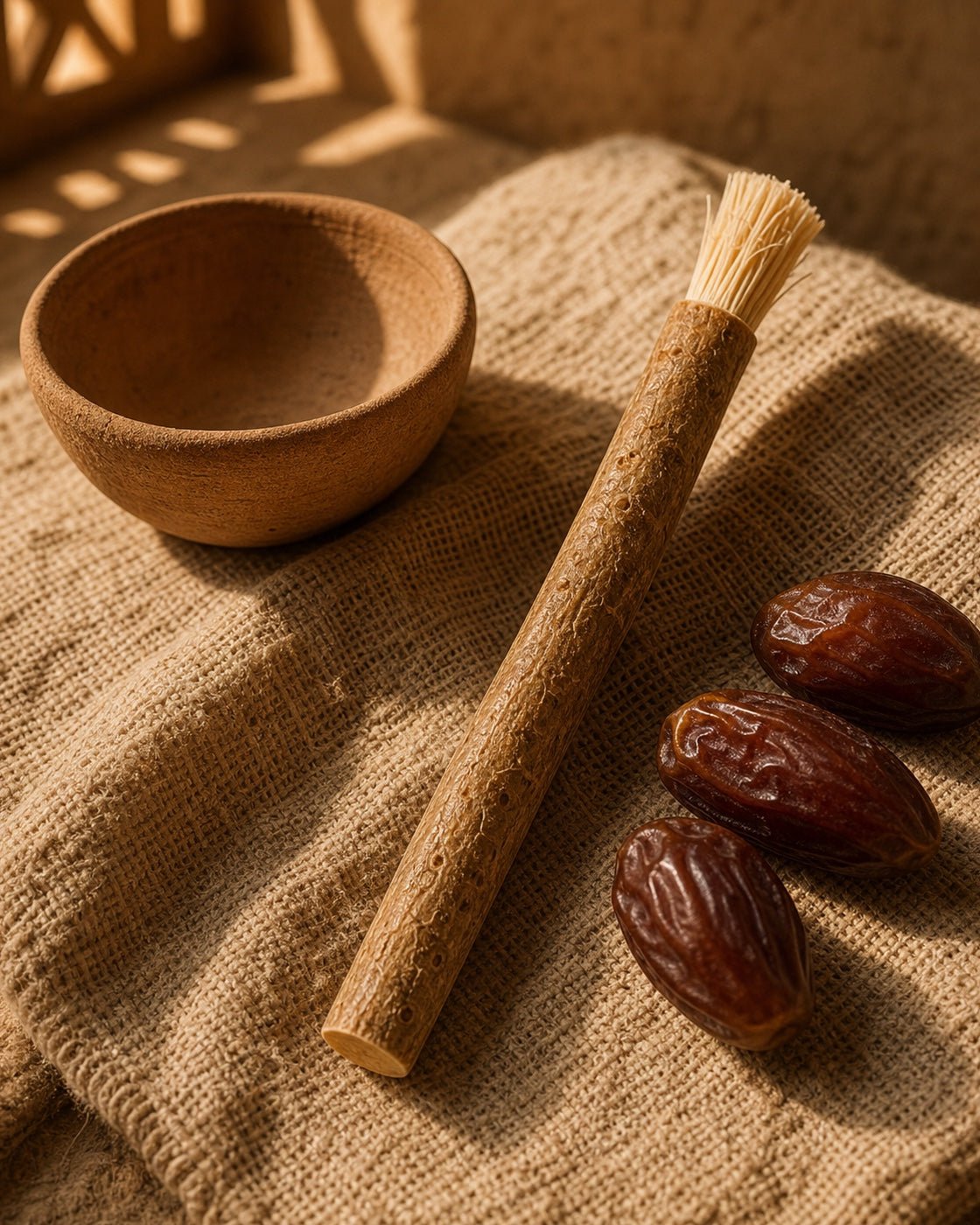 A miswak stick on a woven cloth beside a wooden bowl and a few dates