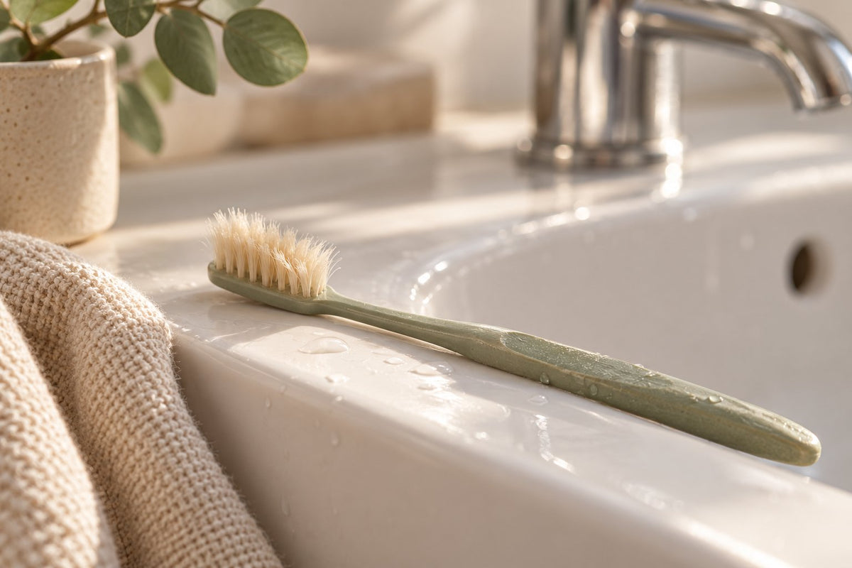A worn plastic toothbrush with splayed bristles resting on the edge of a white sink